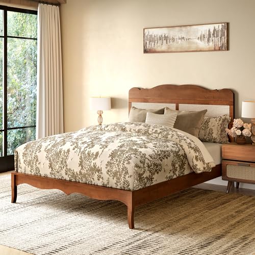 Queen Bed Frame with Adjustable Headboard, Wooden Bedframe