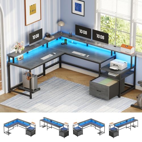66" Reversible L Shaped Computer Desk with Power Outlet, File Drawer