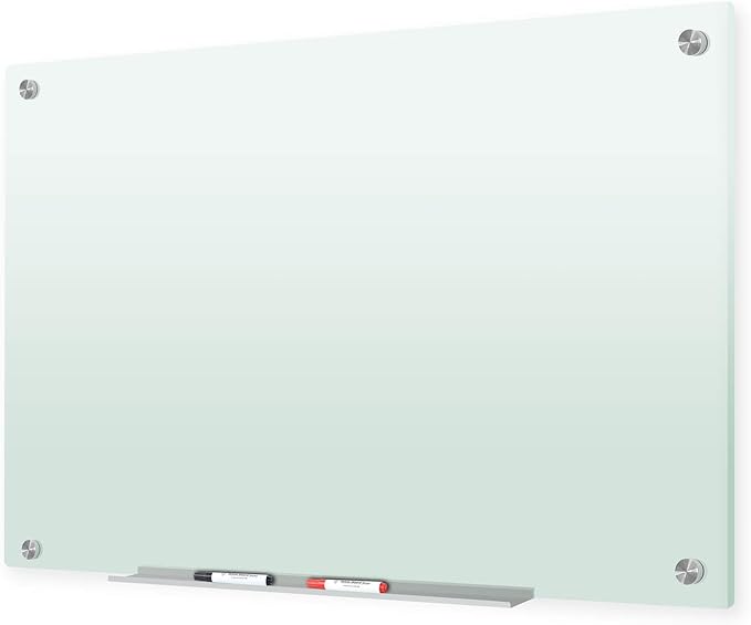 J&J worldwide Glass Whiteboard 47 x 35, Frosted Glass Dry Erase Board Non-Magnetic, Semi-Transparent, Includes Markers, Marker Tray, Eraser for Wall, Office, Home, School