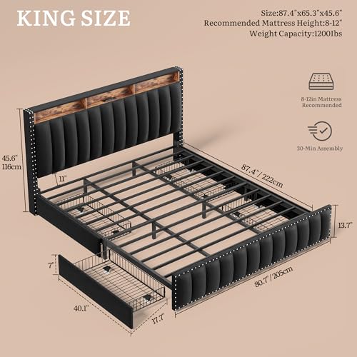 King Size Bed Frame with 4 Storage Drawers, RGB LED Light, Black