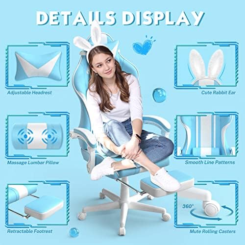 Ferghana Kawaii Light Blue Gaming Chair with Bunny Ears, Ergonomic Cute Gamer Chair with Footrest and Massage, Racing Reclining Leather Computer Game Chair 250lbs for Girls Adults Teens Kids