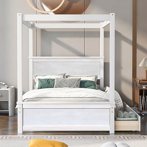 Full Size Canopy Platform Bed with 2 Drawers, Wooden Bed Frame with Support Slats, No Box Spring Needed, Brushed White