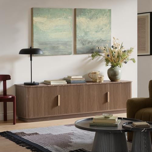 67" Fluted TV Stand with Storage, Faux Marble Top, Walnut