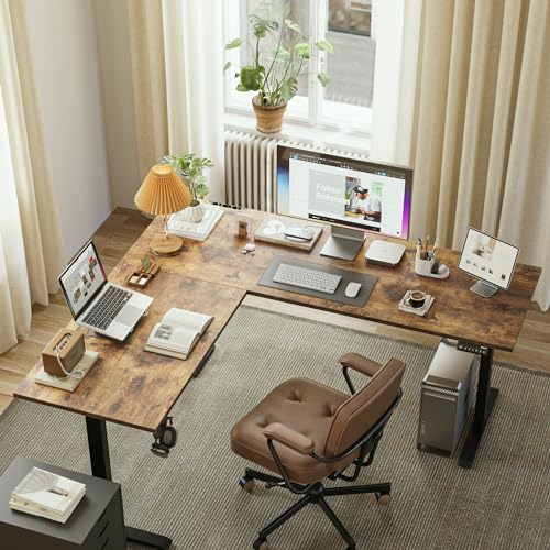 63 x 55 Inch L Shaped Electric Standing Desk, Rustic Brown
