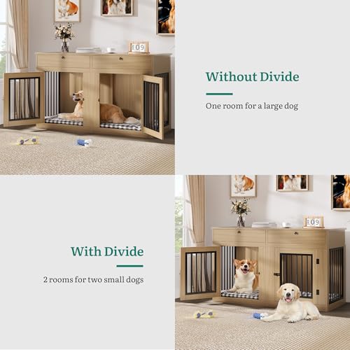 60" Dog Crate Furniture with Removable Divider & Storage Drawers