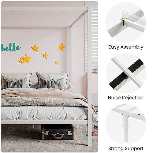 Queen Size Canopy Bed Frame with Heavy Duty Metal Slats, White