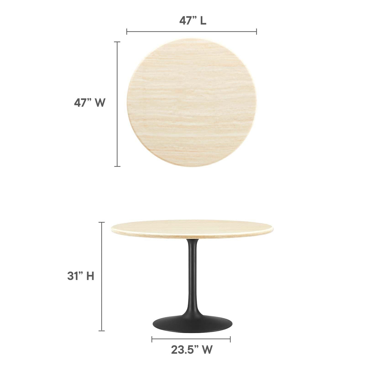 48" Round Artificial Dining Table with Tapered, Metal Base, Black Travertine