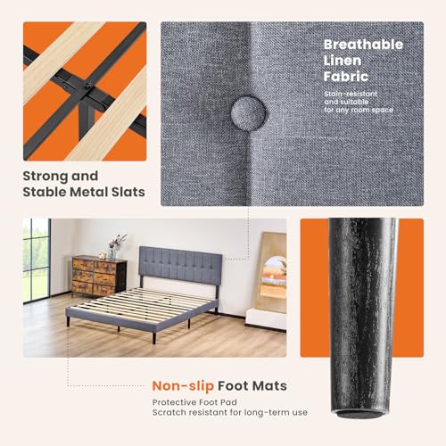 Queen Upholstered Bed Frame with Storage & Headboard, Grey