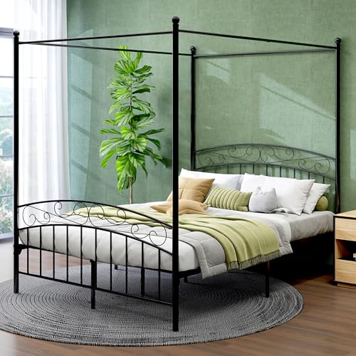 Metal Canopy Bed Frame Queen Size Four-Poster Black