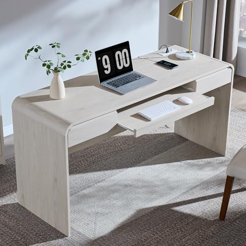 63" Modern Computer Desk with 2 Drawers, Wood Curved (Cream)