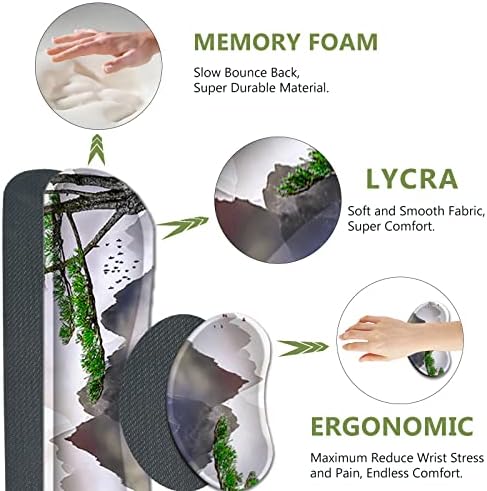 AIMSA Large Gaming Mouse Pad Set, Keyboard Wrist Rest Support + Extended Mouse Pad + Mouse Wrist Cushion + Coaster, Ergonomic Memory Foam Desk Mat 35x15.7in Anti-Slip Base (Pine Tree Mountains)