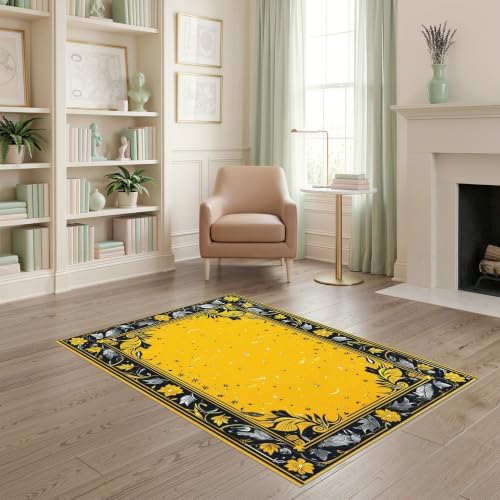 4'x6' Yellow Black Cat Golden Feline Motif Washable Area Rug