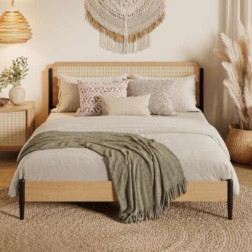 Natural Rattan Queen Bed Frame with Wooden Headboard
