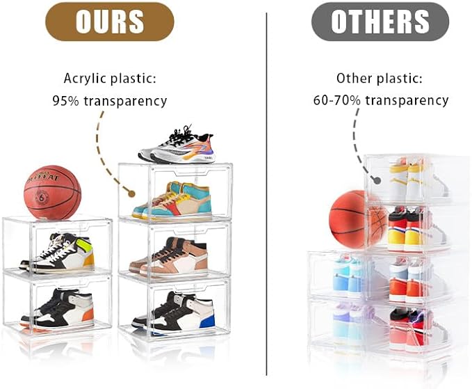 5 Pack Clear Stackable Shoe Organizer Box with Lids, Acrylic Shoes Box with Magnetic Doors, Transparent Shoe Storage Bins Closet Organizers, Shoes Containers For Sneaker Display, Fit up to US Size16