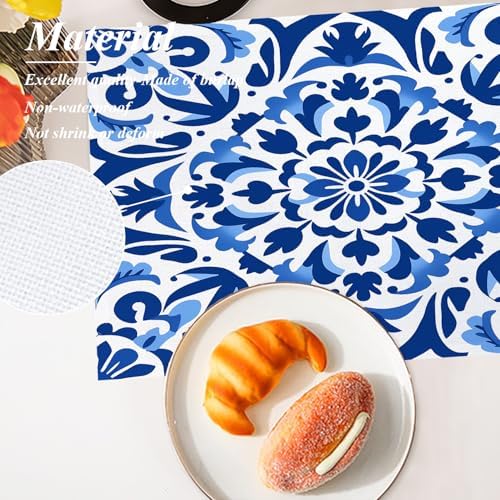 Shrahala Blue White Set of 4 12 X 18 Inch Linen Placemats, Delicate Floral Burlap Table Mat Washable Double Layered Heat Insulation for Indoor/Outdoor