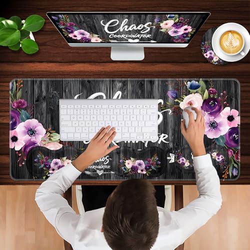 Keyboard Wrist Rest and Mouse Pad with Wrist Support Set Ergonomic Coaster,Memory Foam,Easy Typing Pain Relief,Large XL Desk Mat 31.5"x 11.8",Chaos Coordinator Quotes Vintage Watercolor Floral