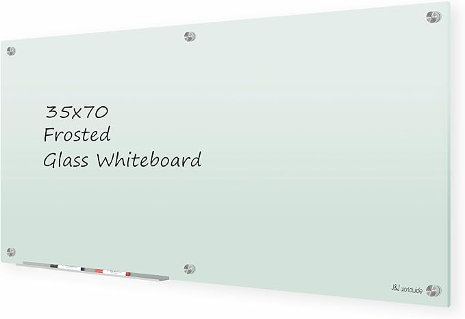 J&J worldwide Glass Whiteboard 6' x 3', Frosted Glass Dry Erase Board Non-Magnetic, Semi-Transparent, Includes Markers, Marker Tray, Eraser for Wall, Office, Home, School