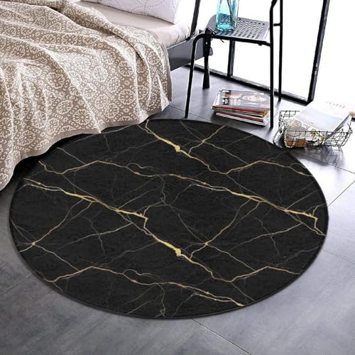 Large Machine Washable Circular Rugs, Home Decor Round Mat for Living Room Sofa Office Black Marble Gold Texture, 24inch