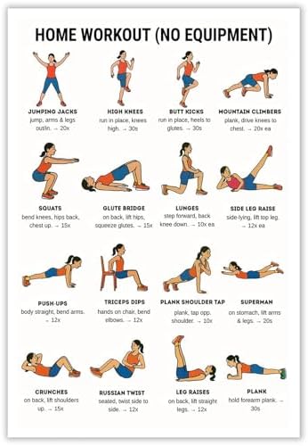 No Equipment Home Workout Poster, 16 Illustrated Full-Body Bodyweight Training Chart with Rep & Timing Guides, Beginner Friendly Full Physique Fitness Reference for Indoor Daily Cardio & Strength Building Routine(12x18inchs，Unframed)