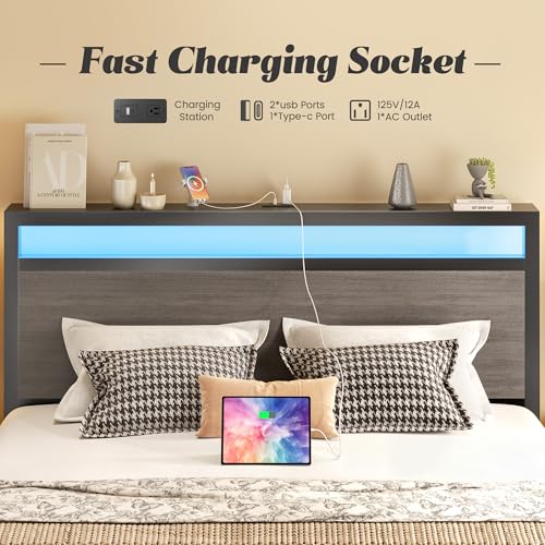 Queen Bed Frame with Headboard, Fast-Charging & LED, Storage Shelf