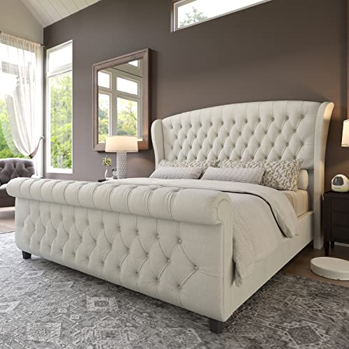 Queen Size Upholstered Sleigh Bed Frame with Wingback Headboard