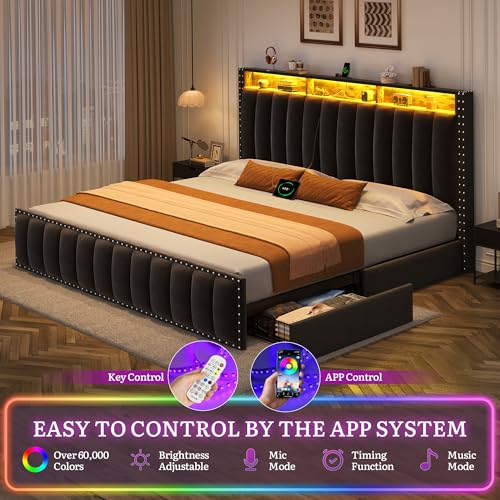 King Size Bed Frame with 4 Storage Drawers, RGB LED Light, Black