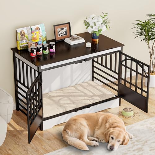 52IN Dog Crate with Arched Doors, White Brown