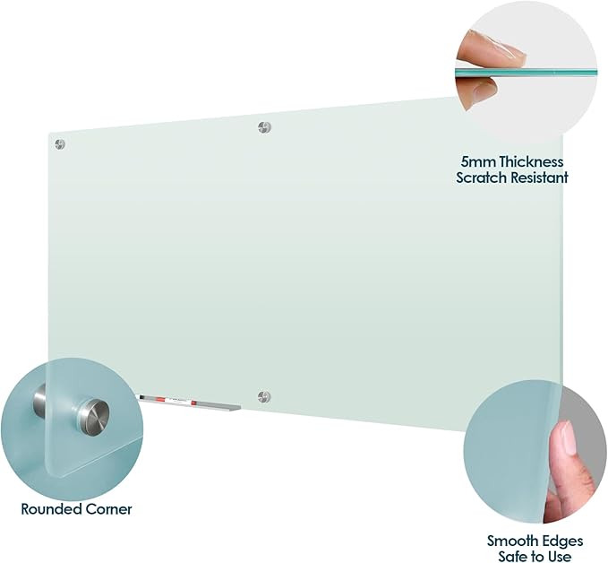 J&J worldwide Glass Whiteboard 6' x 3', Frosted Glass Dry Erase Board Non-Magnetic, Semi-Transparent, Includes Markers, Marker Tray, Eraser for Wall, Office, Home, School