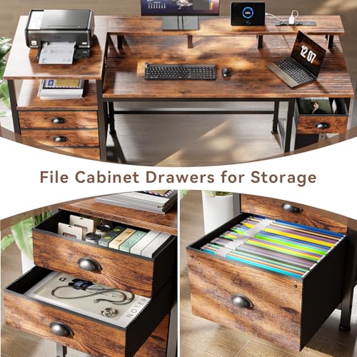 60" Computer Desk with 4 Drawers, Power Outlet, LED, Rustic Brown