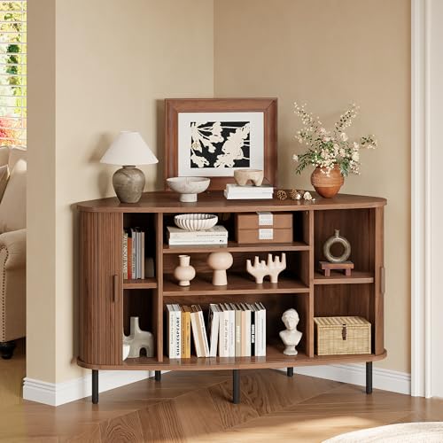 47" Corner TV Stand, Corner Cabinet with Sliding Door, Walnut