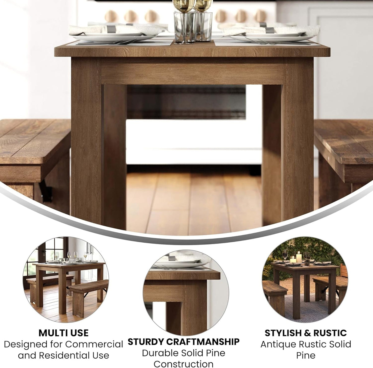 Jessamine 46" X 30" Rectangular Rustic Solid Pine Farm Dining Table, Antique Farmhouse Wooden Dining Table for Kitchens and Parties, Antique Rustic