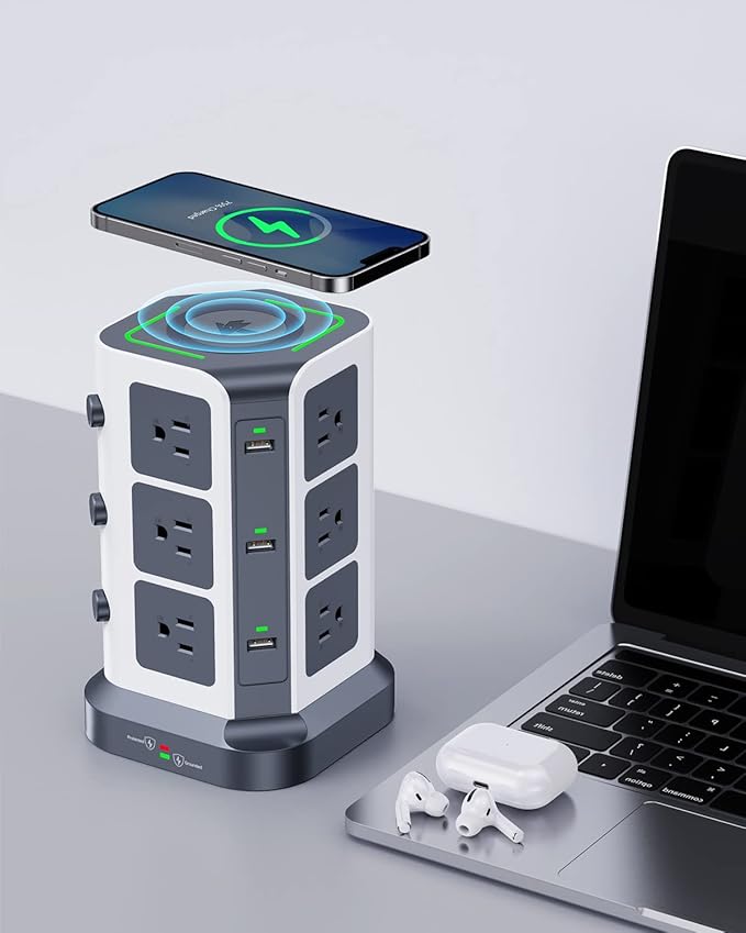 KOOSLA Power Strip Tower, [15W] Wireless Charger Surge Protector - 12 AC Multiple Outlets & 6 USB Ports, 6.5ft Extension Cord Charging Station for Office Supplies, Desk Accessories, Dorm Essentials