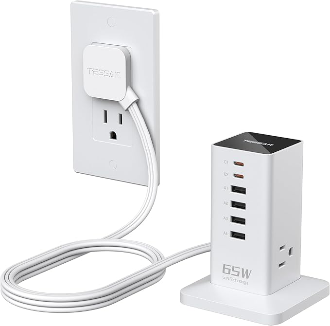 USB Charging Station for Multiple Devices PD 65W, TESSAN 9-in-1 USB C Charger Block for iPhone 17/16/15, MacBook, Tablet, Type C Desktop Charger with 3 AC, Home Travel Office Accessories, White
