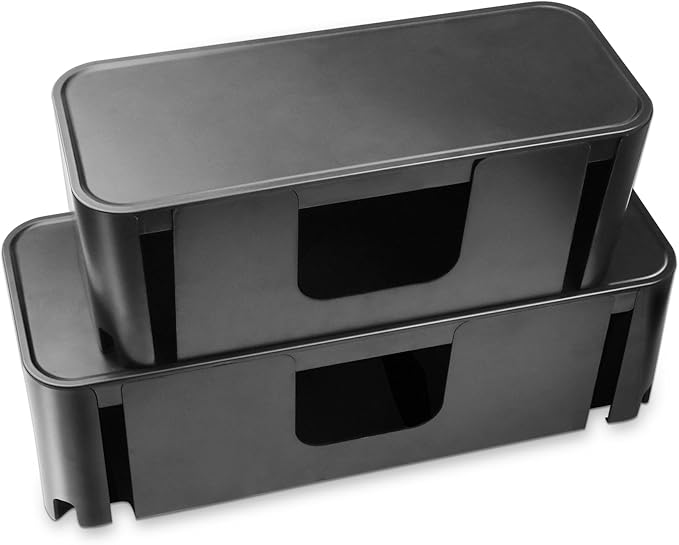 Cord Organizer Box, Cable Hider for Power Strips, Surge Protector, Extension Cord and Wire Management, Cable Management Box (2PCS/Large and Medium Size/Black)