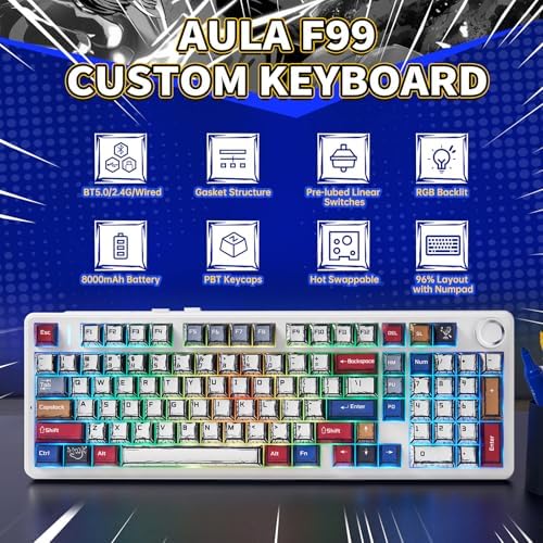 x Aula F99 Pro Mechanical Keyboard, Wireless Gaming Keyboards RGB Backlit Hot Swappable Custom Creamy Bluetooth Computer Keyboard, Tri-Mode BT5.0/2.4GHz/USB-C, Pre-lubed Switches PBT Keycaps