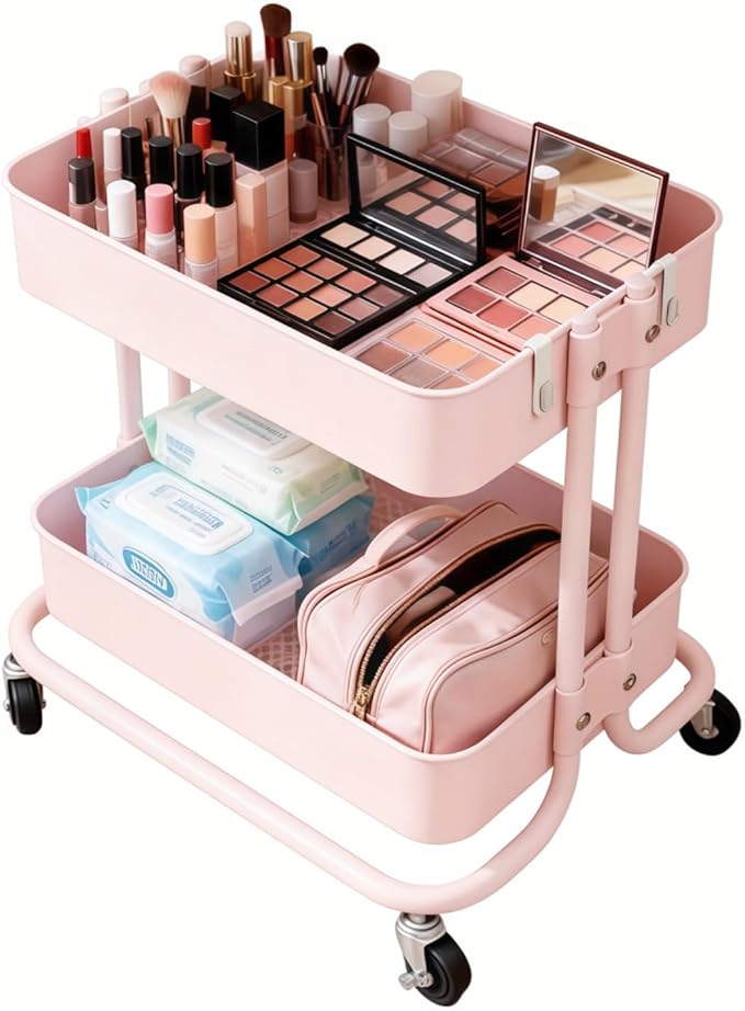 LIWNYRK 2 Tier Rolling Cart with Wheels for Under Desk Storage, Pink Small Rolling Pantry Storage Cart for Small Space, Metal Short Utility Shelf for Vanity Kitchen Bathrrom Laundry Organization