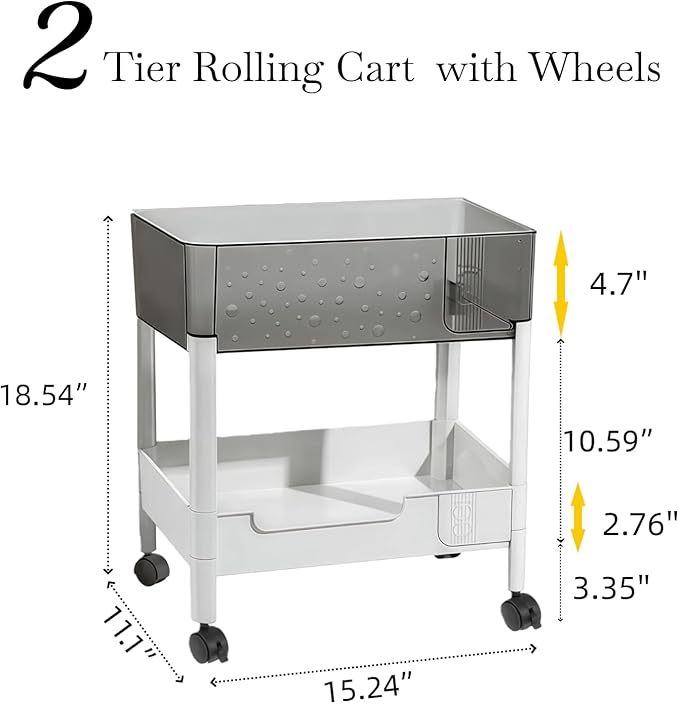 LiWNYRK 2 Tier Rolling Cart with Wheels for Under Desk Storage, Heavy Duty Plastic Short Small Utility Cart for Small Space Pantry Room Kitchen Laundry Bathroom, 4.7'' Deep Baskets for Tall Bottles