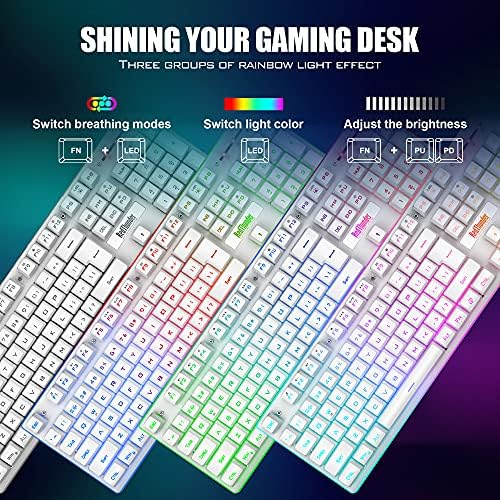 RedThunder K10 Wireless Gaming Keyboard and Mouse Combo, LED Backlit Rechargeable 3800mAh Battery, Mechanical Feel Anti-ghosting Keyboard + 7D 3200DPI Mice for PC Gamer (White)