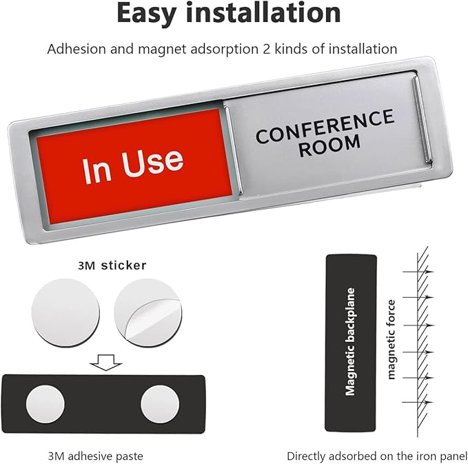 Conference Room In Use/Available Sign - Magnetic Door Slider, 7"x2" Non-Scratch Office Door Sign with Privacy Slider for Meeting Rooms, Offices, Restrooms - Silver