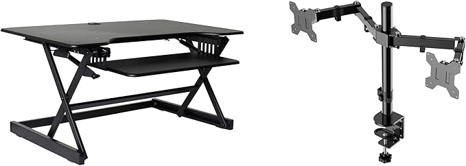 Rocelco 40" Large Height Adjustable Standing Desk Converter with Dual Monitor Mount BUNDLE - Quick Sit Stand Up Computer Workstation Riser - Retractable Keyboard Tray - Black (R DADRB-40-DM2)