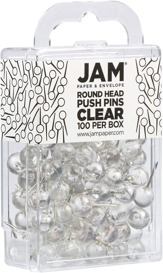 JAM PAPER Colorful Push Pins - Round Head Map Thumb Tacks - Clear Pushpins - 100/Pack