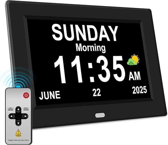 10'' Large Display Digital Alarm Clock for Seniors Date Day of Week Electric Digital Clocks 12 Alarms 4 Colors Desk Calendar Clocks for Memory Loss Alzheimers Clock Auto DST/Dimmer