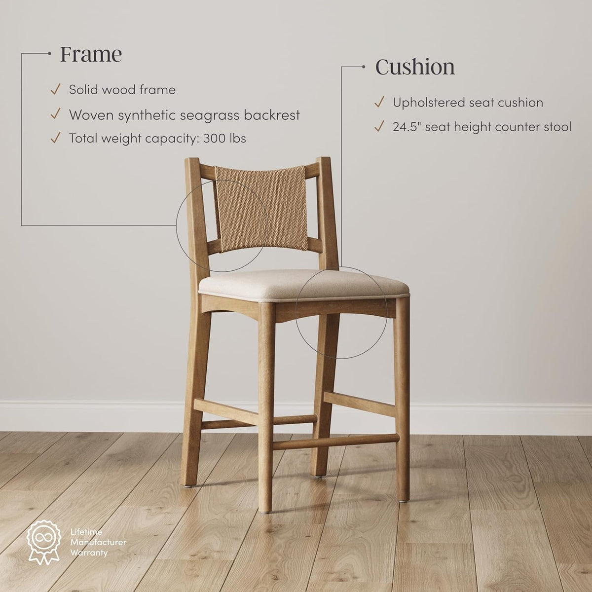 Elodia Boho Counter Height Bar Stool with Back, Woven Seagrass Backrest and Solid Wood Frame, Light Brown