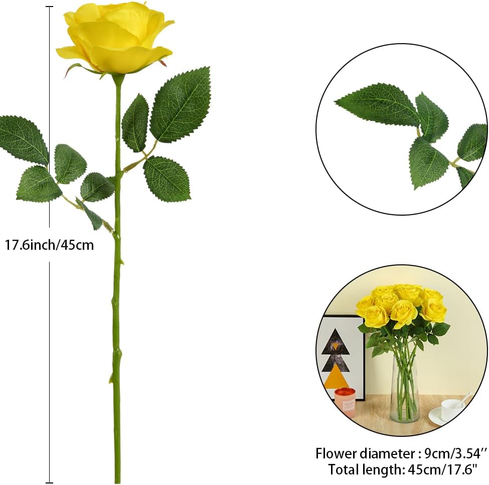 12pcs Yellow Roses Artificial Flowers Fake Roses Silk Flowers Roses with Long Stems for Wedding Home Party Centerpieces Decorations