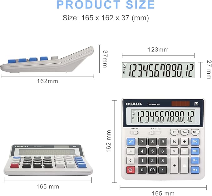 OSALO Desktop Calculator Extra Large Display 12 Digits Big Buttons Solar Accounting Calculator for Office (OS-200ML)