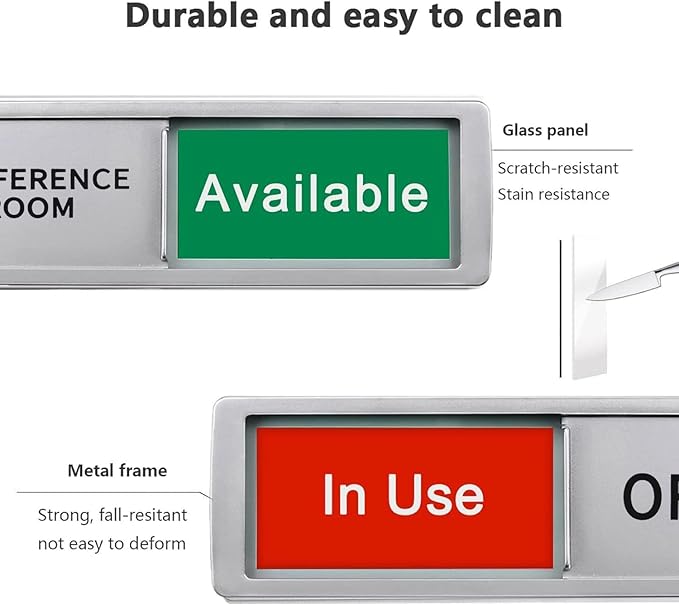 Conference Room In Use/Available Sign - Magnetic Door Slider, 7"x2" Non-Scratch Office Door Sign with Privacy Slider for Meeting Rooms, Offices, Restrooms - Silver