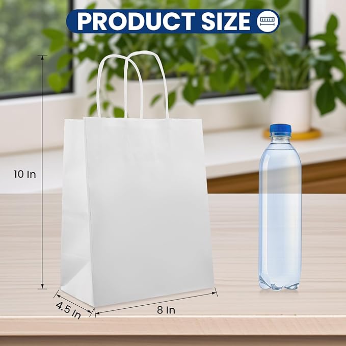 XPCARE 200Pack Paper Bags 8x4.5x10 Inch, Plain Medium Paper Bags with Handles Bulk, Kraft Paper Gift Bag, Retail, Party, Shopping, Favor Bag (White)