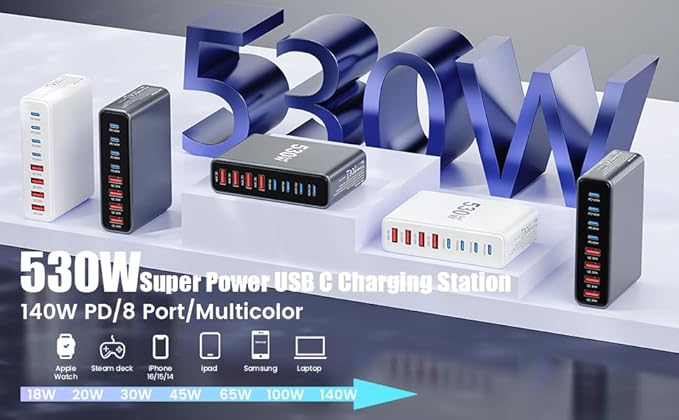 530W USB C Charger Block,8-Port USB C Charging Station GaN IV Travel Essentials Multiple Port Charging Station,100W Laptop Fast Charger Adapter for MacBook Pro/Air,DELL,iPad,iPhone,Samsung Galaxy