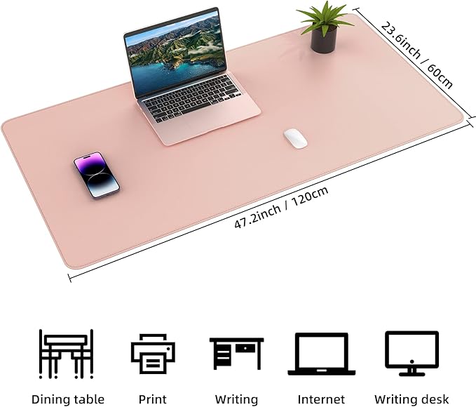 Leather Desk pad Protector, Large Desk mat with Natural Cork & PU Leather,Mouse pad,Non-Slip Office Desk Mat,Waterproof Desk Writing Pad for Office and Home (47in*23.7in, Pink)