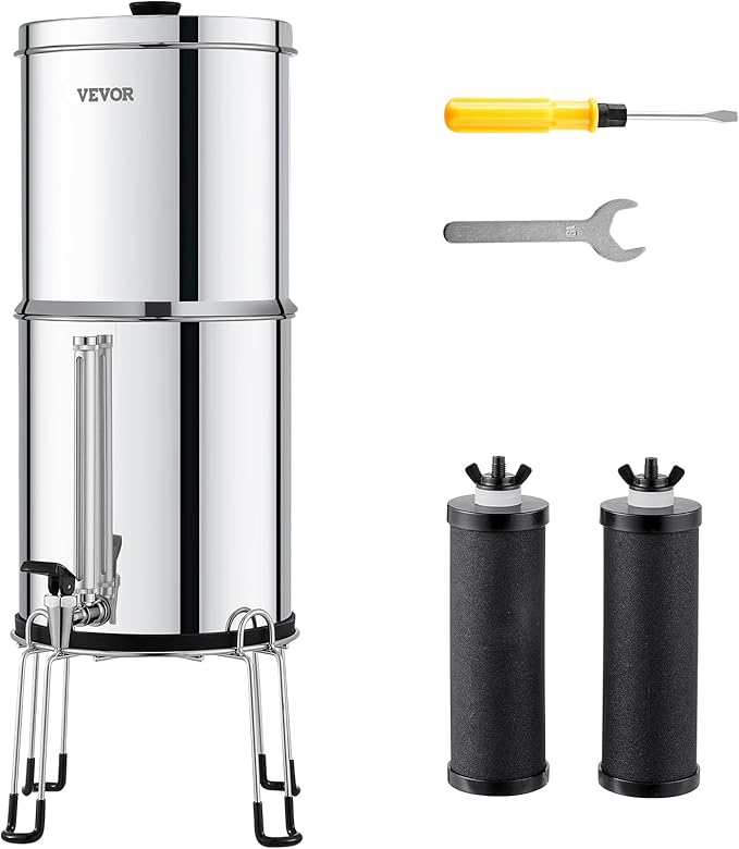 VEVOR Gravity-fed Water Filter System, 2.25G 304 Stainless-Steel Countertop System, Water Filtration System, Reduces Lead and up to 99% of Chlorine, with 2 Carbon Filters, Water Level Spigot, Stand